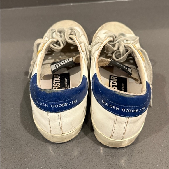 GOLDEN GOOSE SUPERSTAR White Sneakers with Yellow Star and Blue Heel. - Picture 2 of 4